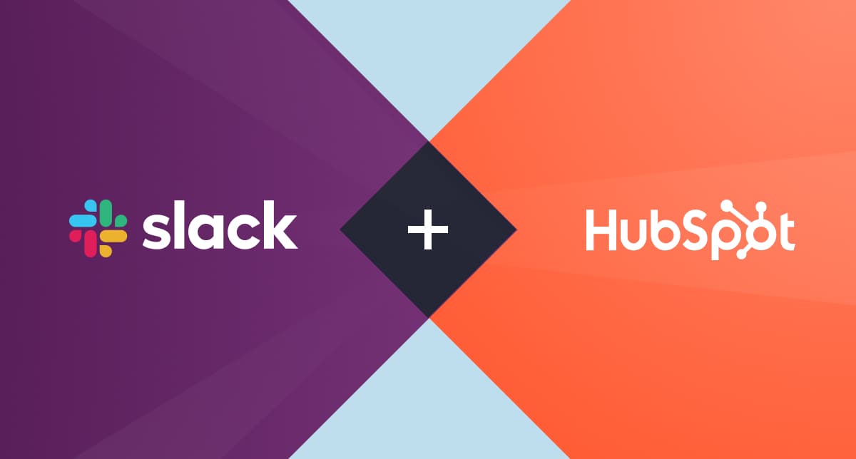 logo of hubspot and slack companies joined by a plus sign on a colourful background